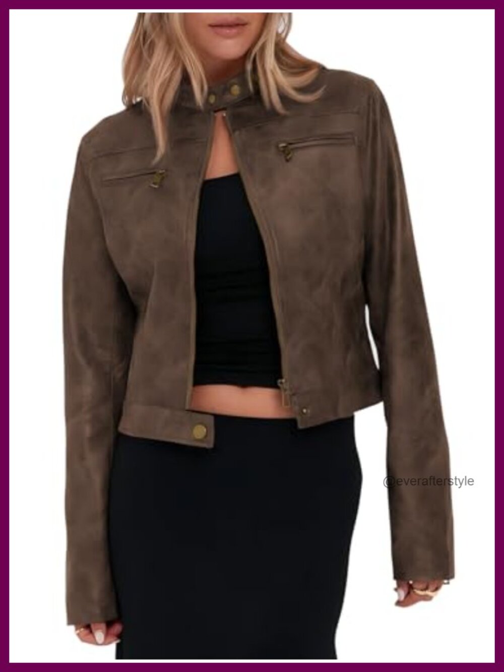 Faux Leather Cropped Moto Jacket Zip Up Stand Collar Motorcycle Coat